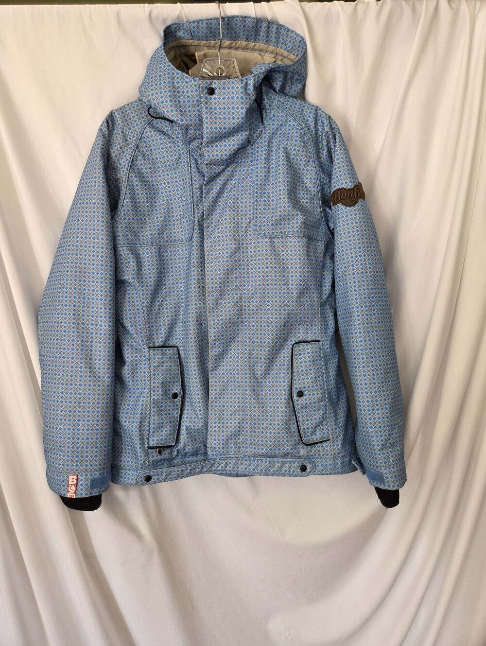 Bonfire Presto Light Blue Patterned Snow Boarding Jacket with Hood Size SM